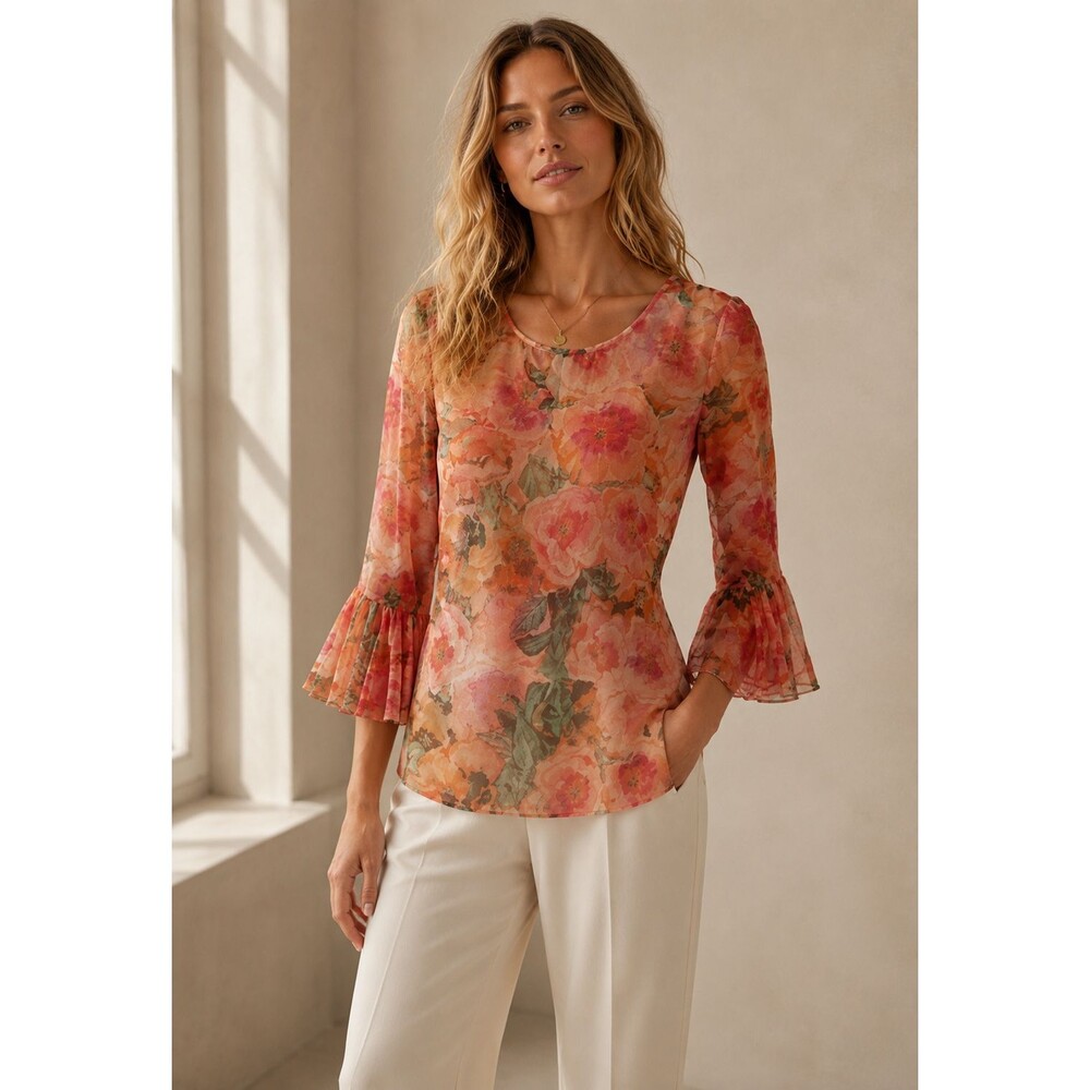 Ala von Auersperg Blouse Sheer Pink Floral Mesh Long Bell Sleeve Top Small USA